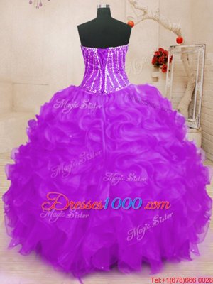 High Quality Sequins Purple Sleeveless Organza Lace Up Sweet 16 Dress for Sweet 16 and Quinceanera