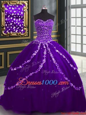 Modest With Train Ball Gowns Sleeveless Purple Sweet 16 Quinceanera Dress Brush Train Lace Up