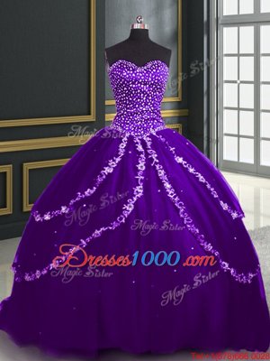 Modest With Train Ball Gowns Sleeveless Purple Sweet 16 Quinceanera Dress Brush Train Lace Up