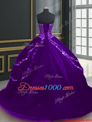 Modest With Train Ball Gowns Sleeveless Purple Sweet 16 Quinceanera Dress Brush Train Lace Up