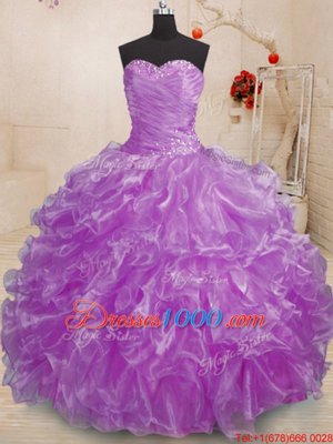 Purple Sweetheart Neckline Beading and Ruffles 15th Birthday Dress Sleeveless Lace Up