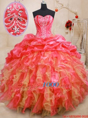 Red Ball Gowns Sweetheart Sleeveless Organza Floor Length Lace Up Beading and Ruffles Quinceanera Gown