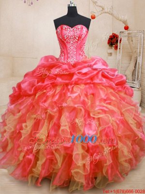 Red Ball Gowns Sweetheart Sleeveless Organza Floor Length Lace Up Beading and Ruffles Quinceanera Gown