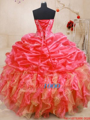 Red Ball Gowns Sweetheart Sleeveless Organza Floor Length Lace Up Beading and Ruffles Quinceanera Gown