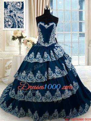 Cheap Navy Blue Taffeta Lace Up Quinceanera Gowns Sleeveless With Train Court Train Beading and Appliques and Ruffled Layers