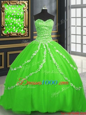 Sophisticated Tulle Sweetheart Sleeveless Brush Train Lace Up Beading and Appliques Ball Gown Prom Dress in