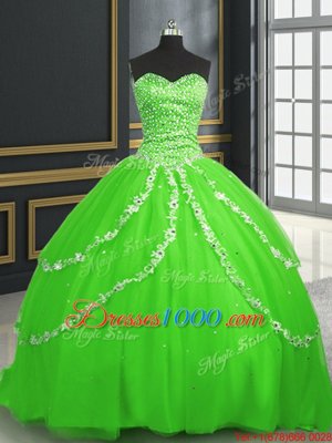 Sophisticated Tulle Sweetheart Sleeveless Brush Train Lace Up Beading and Appliques Ball Gown Prom Dress in
