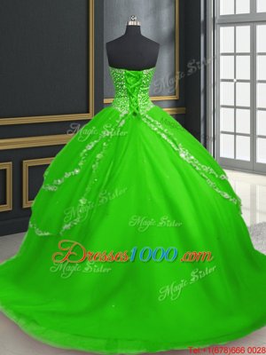 Sophisticated Tulle Sweetheart Sleeveless Brush Train Lace Up Beading and Appliques Ball Gown Prom Dress in