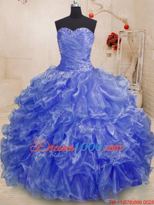 Sweet Blue Sleeveless Floor Length Beading and Ruffles Lace Up 15 Quinceanera Dress