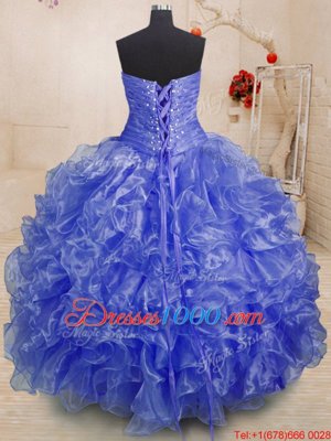 Sweet Blue Sleeveless Floor Length Beading and Ruffles Lace Up 15 Quinceanera Dress
