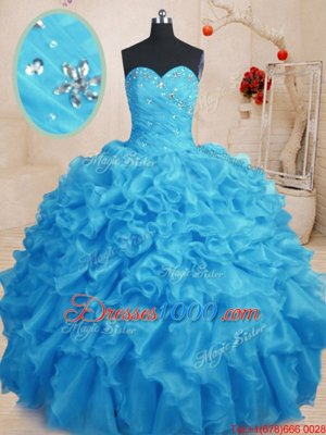 Baby Blue Sleeveless Floor Length Beading and Ruffles Lace Up Quinceanera Gowns