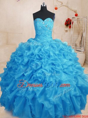 Baby Blue Sleeveless Floor Length Beading and Ruffles Lace Up Quinceanera Gowns
