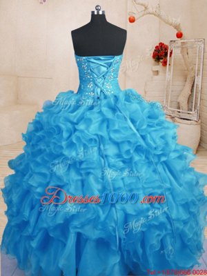 Baby Blue Sleeveless Floor Length Beading and Ruffles Lace Up Quinceanera Gowns