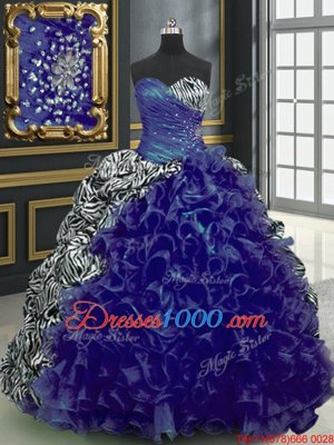 Fabulous Printed With Train Lace Up Quinceanera Dresses Blue and In for Military Ball and Sweet 16 and Quinceanera with Beading and Ruffles and Pattern