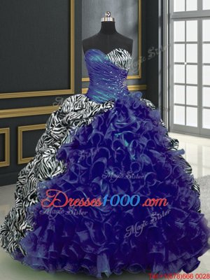 Fabulous Printed With Train Lace Up Quinceanera Dresses Blue and In for Military Ball and Sweet 16 and Quinceanera with Beading and Ruffles and Pattern