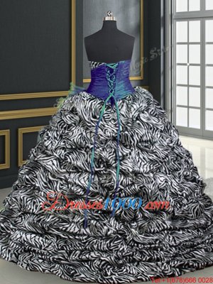Fabulous Printed With Train Lace Up Quinceanera Dresses Blue and In for Military Ball and Sweet 16 and Quinceanera with Beading and Ruffles and Pattern