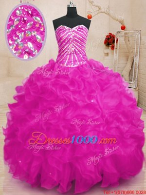 Classical Sweetheart Sleeveless Organza Ball Gown Prom Dress Beading and Ruffles and Sequins Lace Up