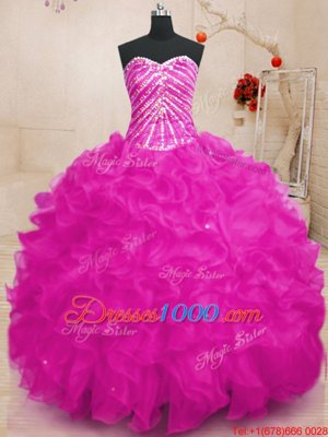 Classical Sweetheart Sleeveless Organza Ball Gown Prom Dress Beading and Ruffles and Sequins Lace Up