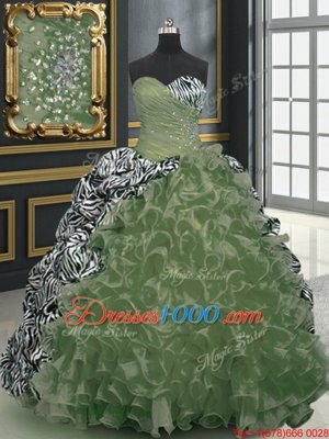 Classical Olive Green Ball Gowns Sweetheart Sleeveless Organza and Printed With Brush Train Lace Up Beading and Ruffles and Pattern Quinceanera Dress