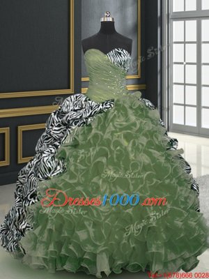 Classical Olive Green Ball Gowns Sweetheart Sleeveless Organza and Printed With Brush Train Lace Up Beading and Ruffles and Pattern Quinceanera Dress