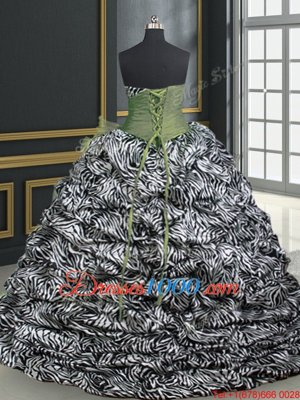 Classical Olive Green Ball Gowns Sweetheart Sleeveless Organza and Printed With Brush Train Lace Up Beading and Ruffles and Pattern Quinceanera Dress