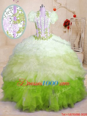 Organza Sleeveless With Train Quince Ball Gowns Brush Train and Beading and Appliques and Ruffles