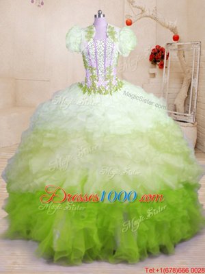 Organza Sleeveless With Train Quince Ball Gowns Brush Train and Beading and Appliques and Ruffles