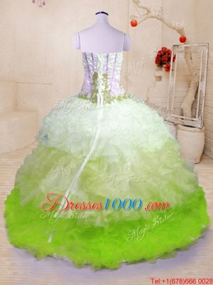 Organza Sleeveless With Train Quince Ball Gowns Brush Train and Beading and Appliques and Ruffles