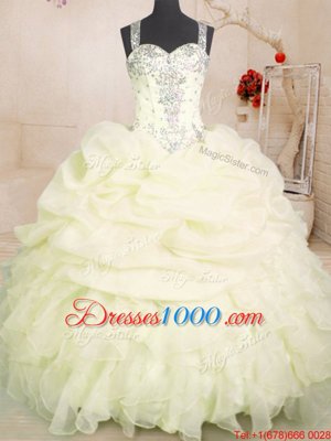 Pick Ups Ball Gowns Quinceanera Dress Light Yellow Straps Organza Sleeveless Floor Length Zipper