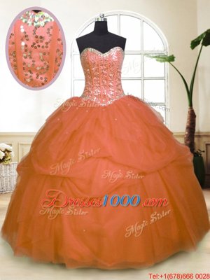 Orange Ball Gowns Sequins and Pick Ups Sweet 16 Quinceanera Dress Zipper Tulle Sleeveless Floor Length