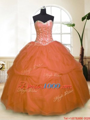 Orange Ball Gowns Sequins and Pick Ups Sweet 16 Quinceanera Dress Zipper Tulle Sleeveless Floor Length