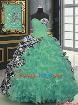 Organza and Printed Sweetheart Sleeveless Brush Train Lace Up Beading and Ruffles and Pattern Vestidos de Quinceanera in Green
