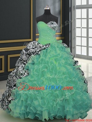Organza and Printed Sweetheart Sleeveless Brush Train Lace Up Beading and Ruffles and Pattern Vestidos de Quinceanera in Green