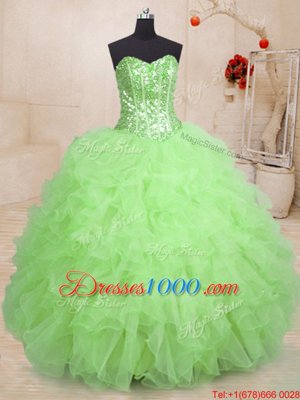 Sleeveless Floor Length Beading and Ruffles Lace Up Quinceanera Gowns with