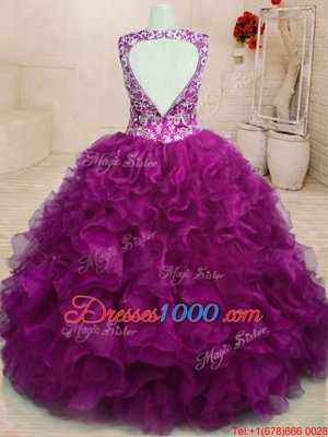 Elegant Fuchsia Sleeveless Beading and Embroidery and Ruffles Floor Length Sweet 16 Quinceanera Dress