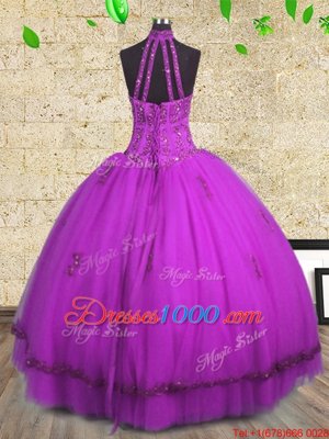 Purple Tulle Lace Up Halter Top Sleeveless Floor Length Sweet 16 Dress Beading