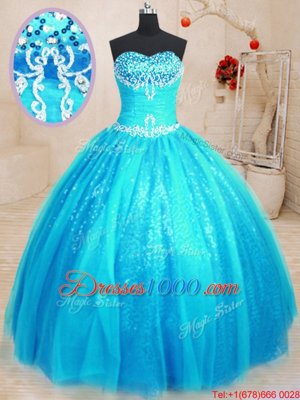 Latest Ball Gowns Quinceanera Gowns Baby Blue Sweetheart Tulle and Sequined Sleeveless Floor Length Lace Up