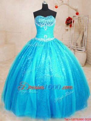 Latest Ball Gowns Quinceanera Gowns Baby Blue Sweetheart Tulle and Sequined Sleeveless Floor Length Lace Up
