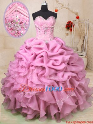 Colorful Baby Pink Sleeveless Beading and Ruffles and Pick Ups Floor Length Ball Gown Prom Dress
