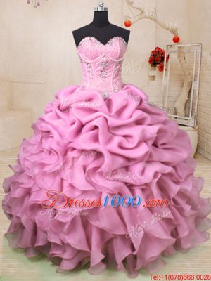 Colorful Baby Pink Sleeveless Beading and Ruffles and Pick Ups Floor Length Ball Gown Prom Dress