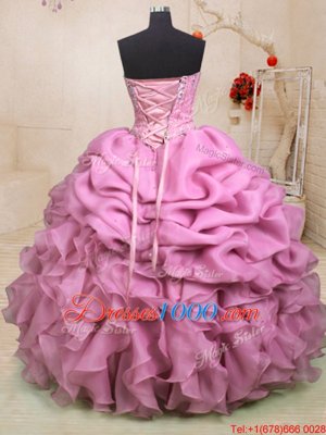 Colorful Baby Pink Sleeveless Beading and Ruffles and Pick Ups Floor Length Ball Gown Prom Dress