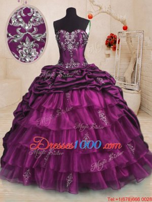 Best Beading and Appliques and Ruffles and Pick Ups Quinceanera Gowns Purple Lace Up Sleeveless With Train Sweep Train