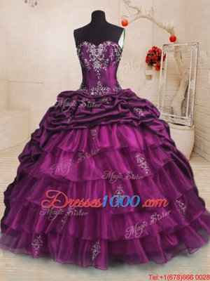 Best Beading and Appliques and Ruffles and Pick Ups Quinceanera Gowns Purple Lace Up Sleeveless With Train Sweep Train