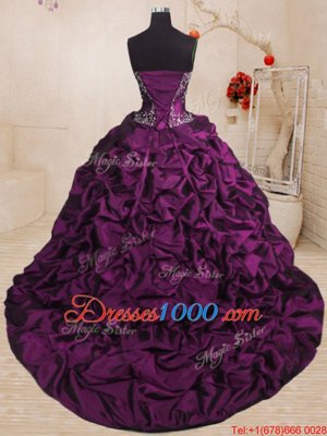 Best Beading and Appliques and Ruffles and Pick Ups Quinceanera Gowns Purple Lace Up Sleeveless With Train Sweep Train