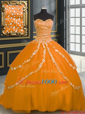 Sleeveless Brush Train Lace Up With Train Beading and Appliques Quinceanera Dress