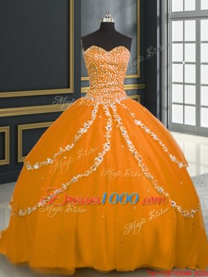 Sleeveless Brush Train Lace Up With Train Beading and Appliques Quinceanera Dress