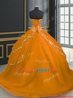 Sleeveless Brush Train Lace Up With Train Beading and Appliques Quinceanera Dress