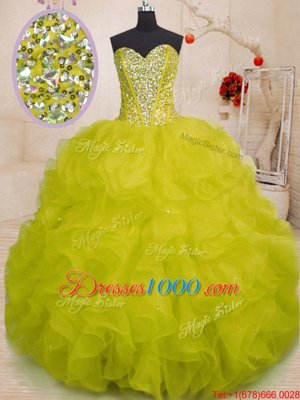 Great Sleeveless Floor Length Beading and Ruffles Lace Up Sweet 16 Dresses with Yellow Green