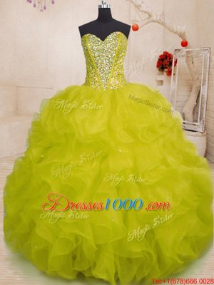 Great Sleeveless Floor Length Beading and Ruffles Lace Up Sweet 16 Dresses with Yellow Green