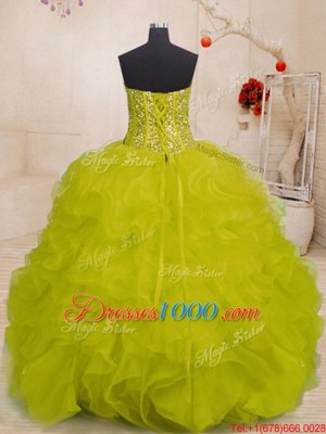 Great Sleeveless Floor Length Beading and Ruffles Lace Up Sweet 16 Dresses with Yellow Green